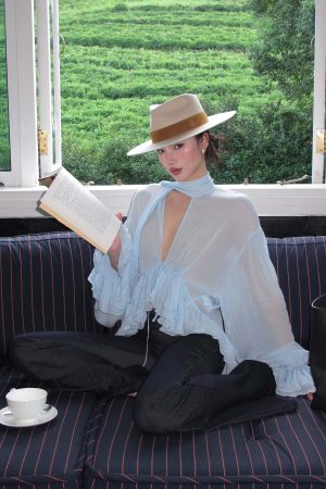 ROVENTE Sheer Ruffle Tie Blouse