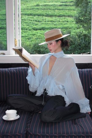 ROVENTE Sheer Ruffle Tie Blouse