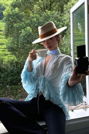 ROVENTE Sheer Ruffle Tie Blouse