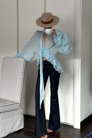 ROVENTE Sheer Ruffle Tie Blouse