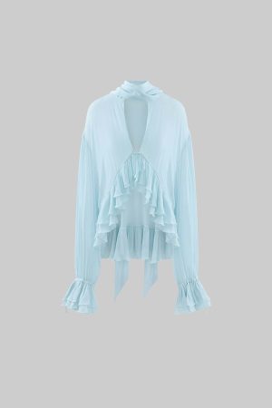 ROVENTE Sheer Ruffle Tie Blouse