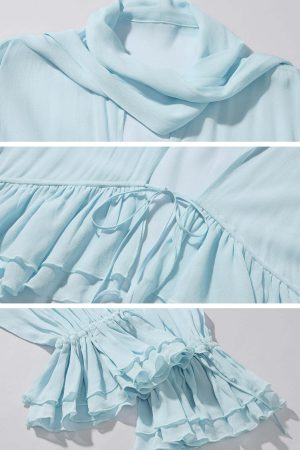 ROVENTE Sheer Ruffle Tie Blouse