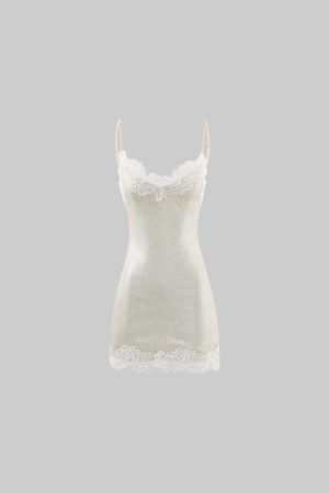 ROVENTE Shimmer Lace Trim Slip Mini Dress