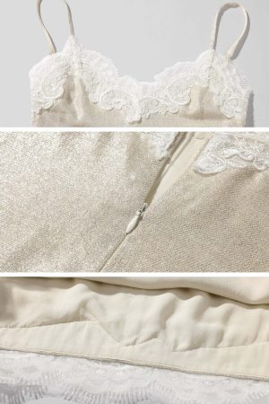 ROVENTE Shimmer Lace Trim Slip Mini Dress