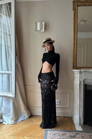 ROVENTE Statement Sequin Fringe Maxi Skirt for Evening Glamour