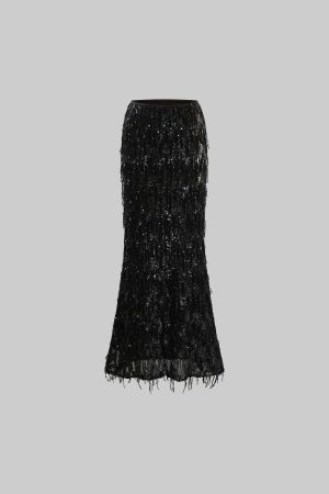 ROVENTE Statement Sequin Fringe Maxi Skirt for Evening Glamour
