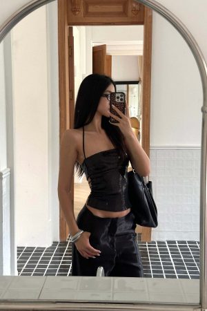 ROVENTE Strappy Back Sequin Halter Corset Top