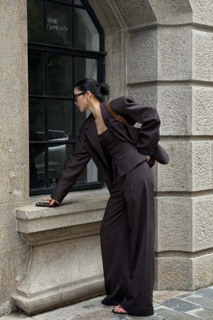 ROVENTE Tailored Pinstripe Suit Set with Blazer Corset and Wide Leg Pants