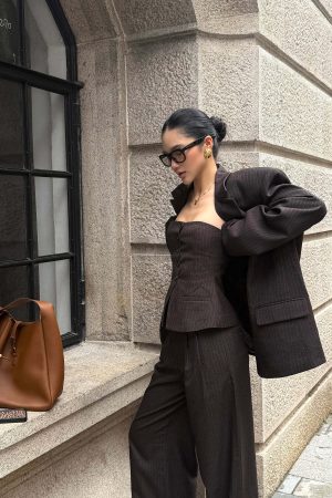 ROVENTE Tailored Pinstripe Suit Set with Blazer Corset and Wide Leg Pants