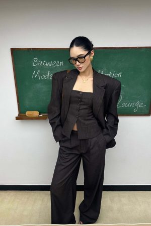 ROVENTE Tailored Pinstripe Suit Set with Blazer Corset and Wide Leg Pants