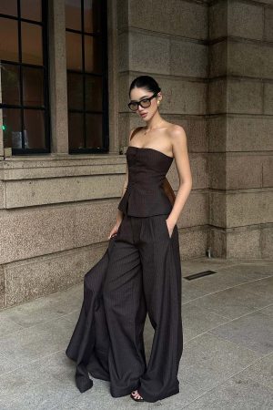 ROVENTE Tailored Pinstripe Suit Set with Blazer Corset and Wide Leg Pants