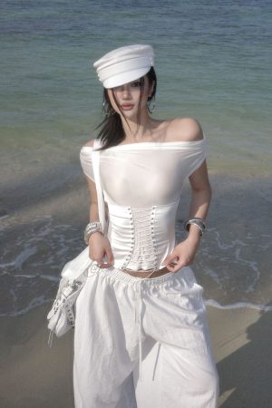 ROVENTE White Linen Wide-Leg Pants with Elastic Waist