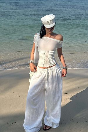 ROVENTE White Linen Wide-Leg Pants with Elastic Waist