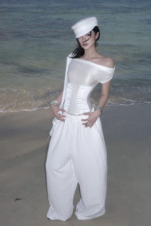 ROVENTE White Linen Wide-Leg Pants with Elastic Waist