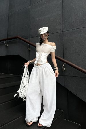 ROVENTE White Linen Wide-Leg Pants with Elastic Waist