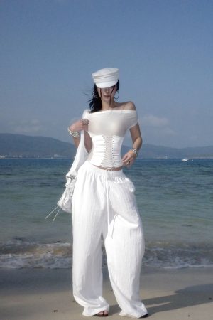 ROVENTE White Linen Wide-Leg Pants with Elastic Waist