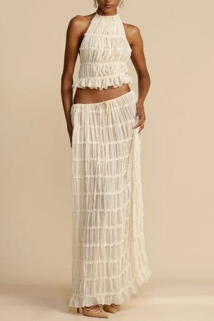 Ruched Backless Top & Maxi Skirt Two Piece Set