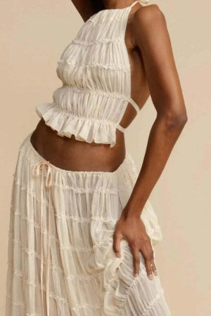 Ruched Backless Top & Maxi Skirt Two Piece Set