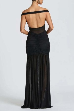 Ruched Mesh Maxi Dress