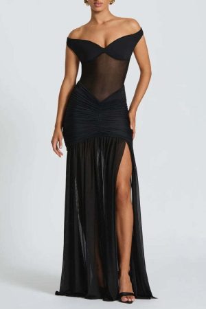 Ruched Mesh Maxi Dress