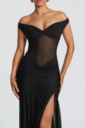 Ruched Mesh Maxi Dress