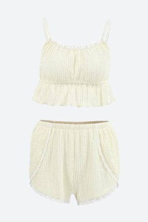 Ruffled Crop Top & Lace Trim Shorts Two Piece Set