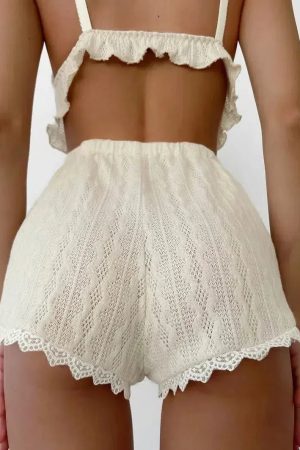 Ruffled Crop Top & Lace Trim Shorts Two Piece Set