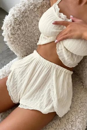 Ruffled Crop Top & Lace Trim Shorts Two Piece Set