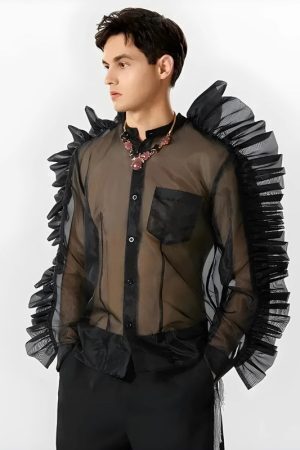 Ruffled Sleeve Sheer Shirt