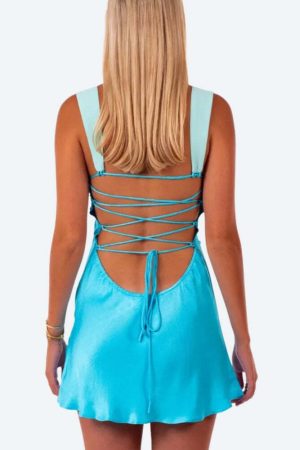 Satin Lace Up Backless Mini Dress