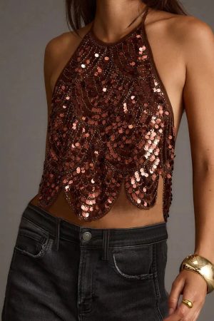 Sequined Backless Halter Top