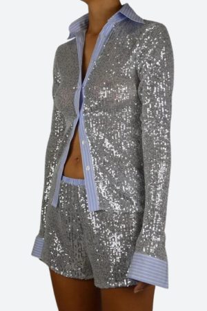 Sequined Shirt & Shorts Two Piece Set