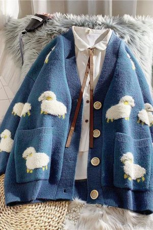 Sheep Embroidery Knitted Cardigan