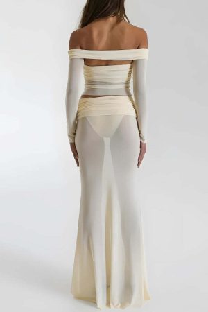 Sheer Off Shoulder Top & Maxi Skirt Two Piece Set