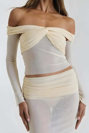 Sheer Off Shoulder Top & Maxi Skirt Two Piece Set