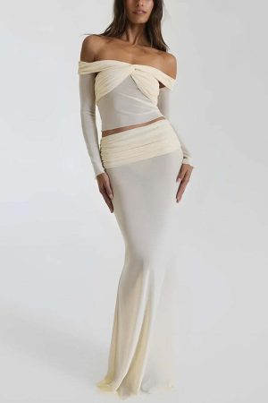 Sheer Off Shoulder Top & Maxi Skirt Two Piece Set