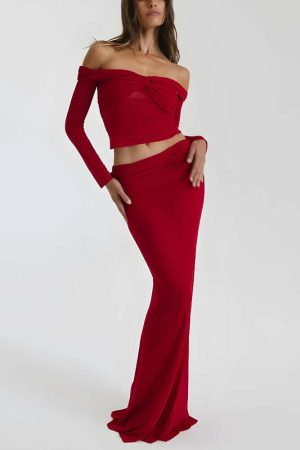 Sheer Off Shoulder Top & Maxi Skirt Two Piece Set