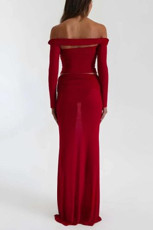 Sheer Off Shoulder Top & Maxi Skirt Two Piece Set