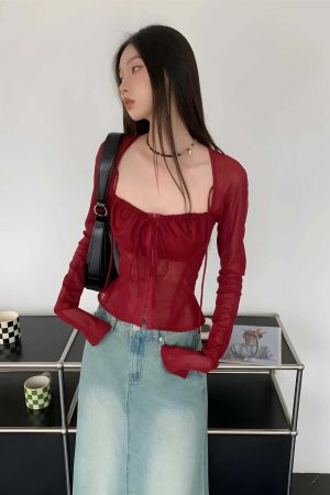 Sheer Ruched Lace Up Blouse
