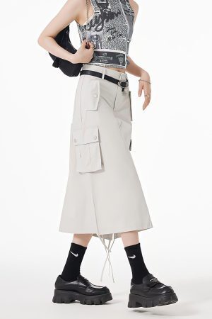 Slit & String Detailed Cargo Midi Skirt