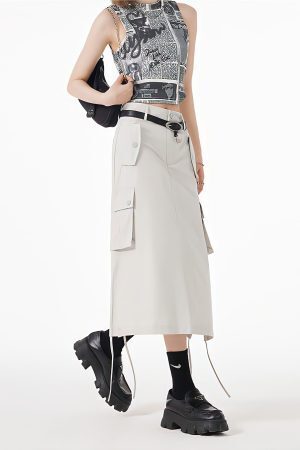 Slit & String Detailed Cargo Midi Skirt