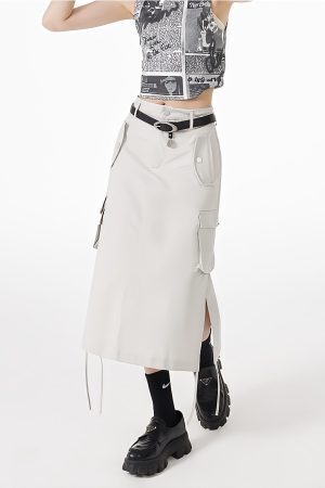 Slit & String Detailed Cargo Midi Skirt