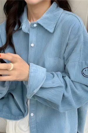 Smiley Embroidered Corduroy Shirt