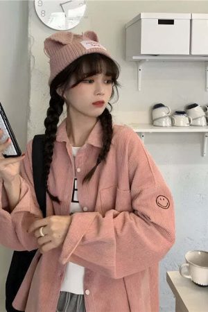 Smiley Embroidered Corduroy Shirt