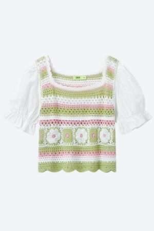 Soft Girl Floral Hollow Out Knitted Top