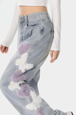 Soft Girl Fluffy Heart Butterfly Jeans