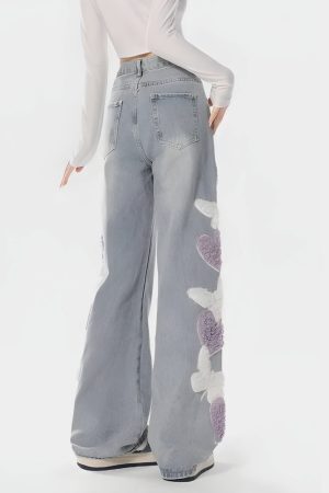Soft Girl Fluffy Heart Butterfly Jeans