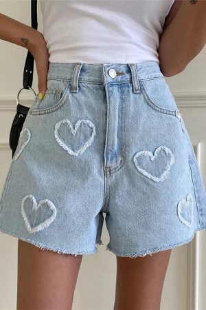 Soft Girl Heart Patch Denim Shorts