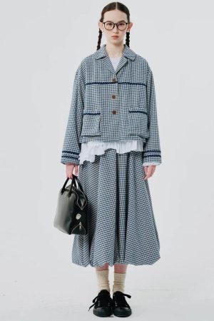 Soft Girl Plaid Bubble Midi Skirt