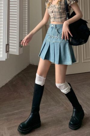 Soft Girl Pleated Denim Mini Skirt